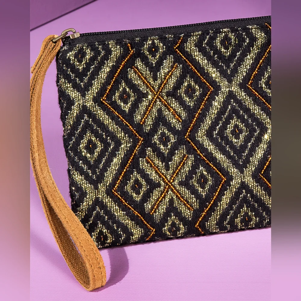 Handmade Hand Beaded Wristlet Clutch - Ethnic Inspired Design - Dyed Fine Cotton